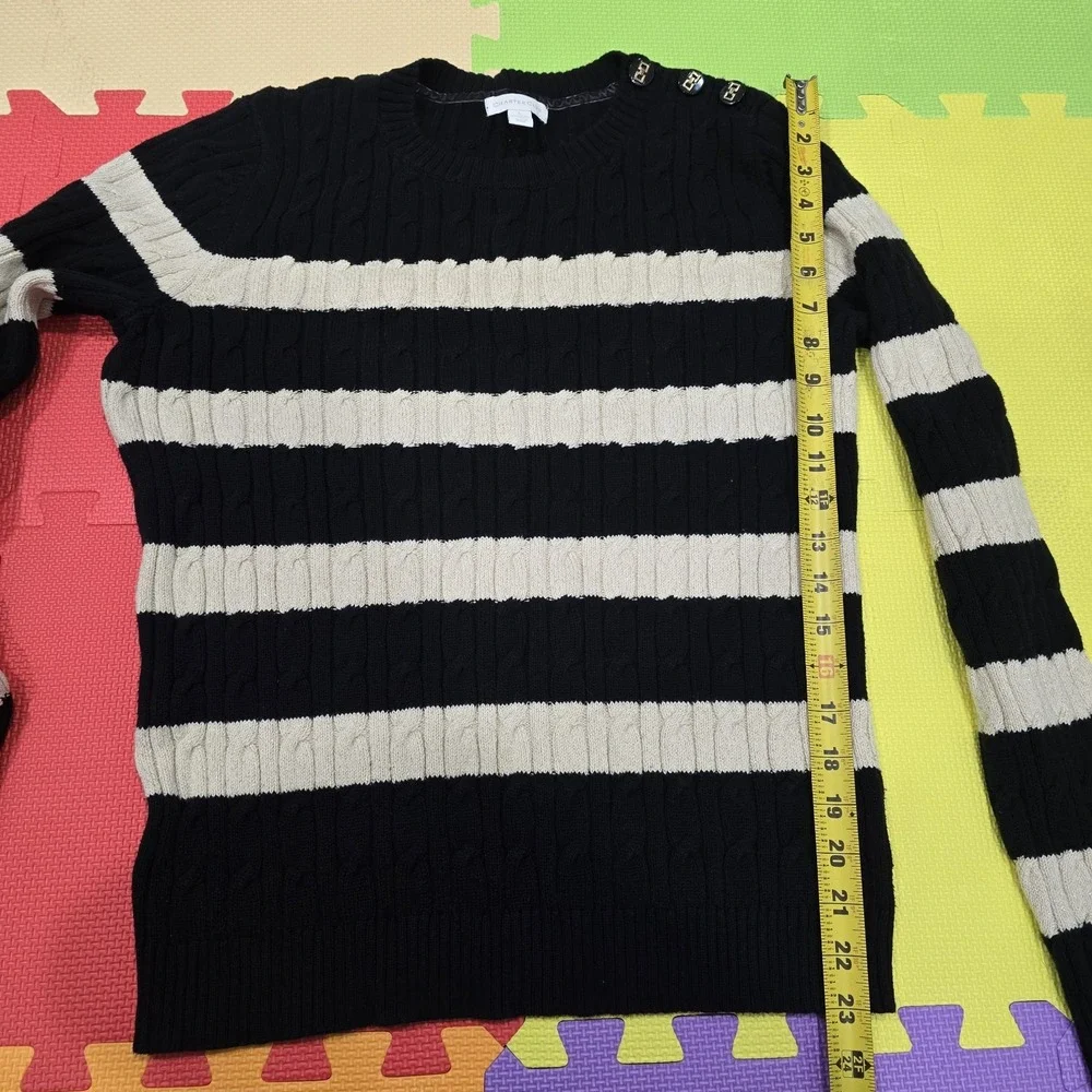Charter Club Women's Large Sweater Black Cream Striped‎ Cable Knit Button...